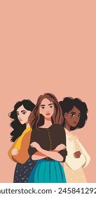 Vector flat banner for Women's Day, young women friends of different nationalities, skin color, culture standing together. Vector concept of movement for gender equality and women's empowerment.