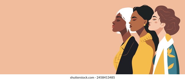 Vector flat banner for Women's Day, young women of different nationalities on a beige background. Vector concept of movement for gender equality and women's empowerment