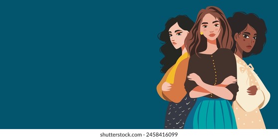 Vector flat banner for Women's Day, young women of different nationalities, skin color, culture stand together. Vector concept of movement for gender equality and women's empowerment