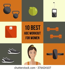 Vector flat banner. Workout for abc.Vector gym set. Fitness elements. Vector fitness set. Fitness woman set. Vector flat design of fitness. Fitness details. Fitness woman. Fitness equipments. Workout.