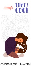 Vector Flat Banner WoW girl surprised hands on his leg on which shod fashionable new shoes happy that she looks good on her.