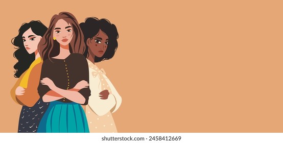 Vector flat banner, young women friends of different nationalities, skin color, culture standing together. Strong women, movements for gender equality and women's empowerment