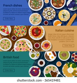 Vector flat banners of british, italian, french national dishes. Egg and bread, croissant and fried potato, haute and nouvelle, bisque and sauce, grape and lemon, pizza and sausage, roasted beef.