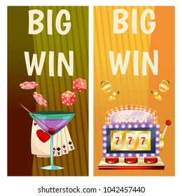 Vector flat banners with casino icons. Big win, slots, roulette.