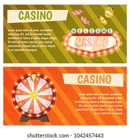 Vector flat banners with casino icons. Big win, slots, roulette.