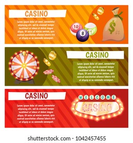 Vector flat banners with casino icons. Big win, slots, roulette.