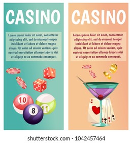 Vector flat banners with casino icons. Big win, slots, roulette.