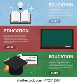 Vector flat banners of education for website. Business concept of learning and back to school. Set of isolated educational equipment in flat and isometric design.