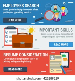 Vector flat banners employee search. List candidates to work with photos and skills description. Zoom magnifying glass picking business person with list of requirements. Web infographics