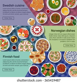 Vector flat banners of finnish, norwegian, swedish national dishes. Egg and jam, meatball and sauce, smushroom and tew, lapskaus and karelian, strawberry and reindeer roast with healthy ingredients.