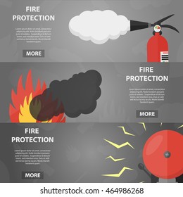 Vector flat banners of fire protection for website. Business concept of fire safety and firefighting.