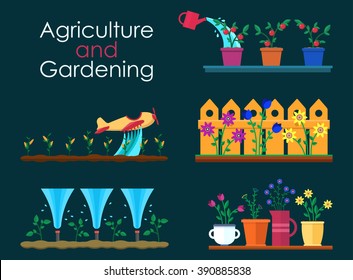 Vector flat banners for garden work and gardening projects. Automatic Sprinklers Watering. Agriculture and gardening. Hello spring and summer.