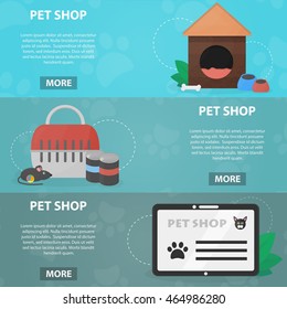 Vector flat banners of pet shop for websites. Business concept of veterinary store. Set of animal equipment.
