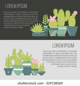 Vector flat banners with succulent plants and cactuses in pots.
