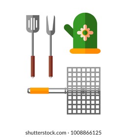 Vector flat barbecue, bbq symbols set. Kitchen tools - fork, shovel scapula and oven glove grilling basket steel grid for grill. Restaurant menu design elements, isolated illustration white background
