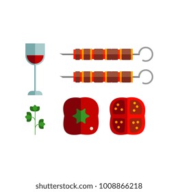 Vector flat barbecue, bbq symbols set. Hot grilled meat skewer, shish kebab, glass of wine, parsley, pepper, tomato. Restaurant menu design elements, isolated illustration on a white background