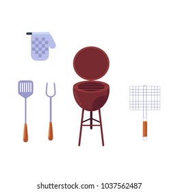 Vector flat barbecue, bbq symbols set. Kitchen tools, glove ,coal grill, grilling basket, steel grid icon. Restaurant menu design elements, isolated illustration on a white background