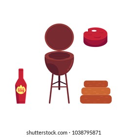 Vector flat barbecue, bbq symbols set. Meat steak, ketchup in red bottle, coal grill, charcoal icon. Restaurant menu design elements, isolated illustration on a white background