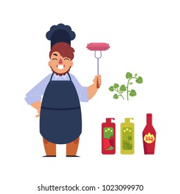 Vector flat barbecue symbols set. Chef holding fork with grilled sausages, bbq sauce, ketchup mustard in bottles basil. Restaurant menu design elements, isolated illustration white background
