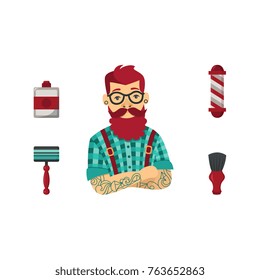 vector flat barber shop concept with brutal hipster man with big beard in glasses near shaving accesorries - shaving brush, cream, razor and barber pole. Isolated illustration on white background