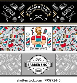 vector flat barber shop poster set with brutal hipster man with beard, shaving accesorries icons scissors, comb, shaving brush, barber pole, hairdresser sprayer. Isolated illustration white background