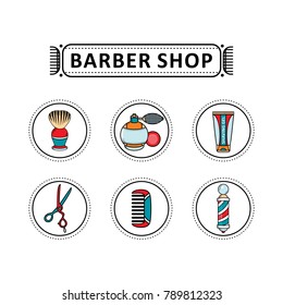 vector flat barber shop tools set. scissors, comb, shaving brush, barber pole, hairdresser sprayer after shave gel icon. Isolated illustration white background for your logo, brand design