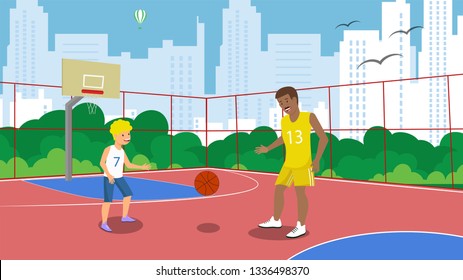 Vector Flat Basketball Court Dad with Son Playing Mobile Game. Active Lifestyle Father African American in Yellow Tshirt. Throws Ball Baby Kid is Happy Spending Time with Father for Family Vacation