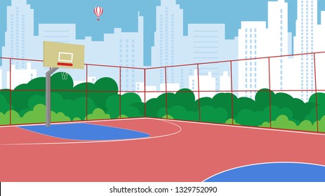 Vector Flat Basketball Court New Fenced in Park. Trees Urban Playground for Children. Workouts Active Sports GameBasketball Against Background CityHealthy Lifestyle Help Proud Authorities.