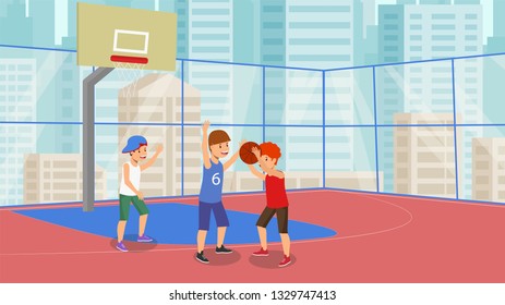 Vector Flat Basketball Game School Cup. Guys Compete on Basketball Court Plays Better. Team Strive for Victory Classes After School Training Section Active Sports Fresh Air Background City.