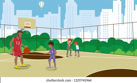 Vector Flat Basketball Playground in Park. African American Dad Plays with Son and Throws Ball in Hands. Children Play Basketball Active Lifestyle Love Train Physical Education Classes.