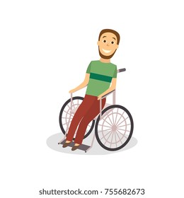 vector flat bearded adult disabled man sitting in wheelchair smiling. concept of rehabilitation, physical cure and trauma recovery and hope. isolated illustration on a white background.