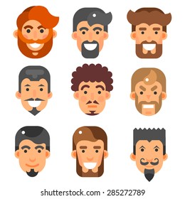 Vector flat bearded male heads set. People characters, different smiled and angry faces, stylish hairs, men's emotions illustrations