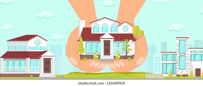 Vector Flat Beautiful Cozy House in Elite Area Good Reliable Building. Apartments Help Purchase Affordable Housing. Hands Cozy Spacious House Many Floors Trees Present Young Family Help State.