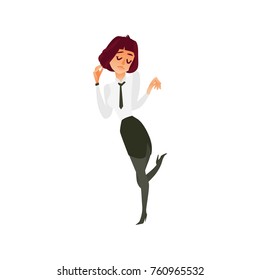 vector flat beautiful cute girl office worker, business woman manager in corporate clothing in skirt and necktie dancing at party. Isolated illustration on a white background.