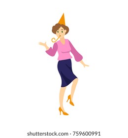 vector flat beautiful girl office worker, business woman manager in corporate colored clothing in skirt, blouse and party hat dancing at party whistling. Isolated illustration on a white background.