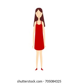 vector flat beautiful young girl in red dress. Isolated illustration on a white background. Long haircut brunette woman, full lenght portrait. Family character cartoon concept.
