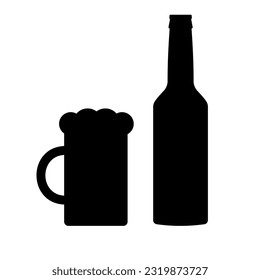 Vector flat beer bottle and glass silhouette isolated on white background