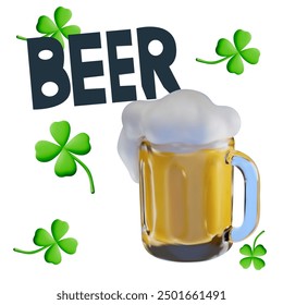 Vector flat beer festival. 3D beer glass and green clover. Trendy retro art for pub, bar and holiday party advertising on a white background. Beer festival 3D poster.