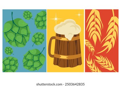 Vector flat beer festival poster. Wooden mug with beer, hops, wheat, street food and snacks. Trendy art for pub, bar, holiday party advertising