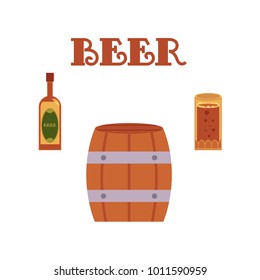 vector flat beer symbol set. Mug, glass bottle of golden lager cool beer with white foam, water drops, wooden keg, barrel, beer inscription. Ready for design isolated illustration, white background.