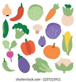 Vector flat beet, pepper, greens, onion, mushrooms. Abstract vegetables set. Funny colored typography poster, advertising, packaging print design, restaurant menu decoration. Isolated