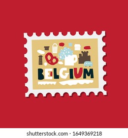 Vector flat Belgium post stamp design. Hand drawn colorful lettering Belgium in paper cut style. Colorful print design for for packaging design, brand design, poster, postcard, calendar