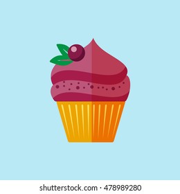 Vector flat berry cupcake on blue background