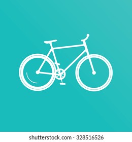 Vector flat bicycle icon. Sketch of white bycicle isolated on blue. Mountain bike, illustration, rent, logo, logotype, rent vector, rental sticker badge modern design, repair service help road sign