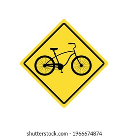 Vector flat bicycle silhouette in yellow rhombus isolated on white background. Road sign