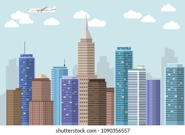 Vector flat big city landscape with blue sky, clouds and plane