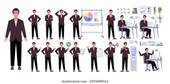 Vector flat big collection of office worker with different poses. Character with different gestures, positive and negative emotions presenting a project, drink and working at a computer