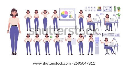 Vector flat big collection of office worker with different poses. Character with different gestures, positive and negative emotions presenting a project, drink and working at a computer