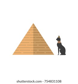 vector flat big egypt pyramid and sacred black cat icon. Ancient stone building - shrine or tomb of pharaohs. Isolated illustration on a white background.