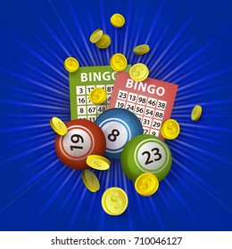 vector flat bingo cartoon lottery tickets, lotto keno jackpot number balls and golden coins rain around. Illustration on a blue background. Sign of profit, casino design poster